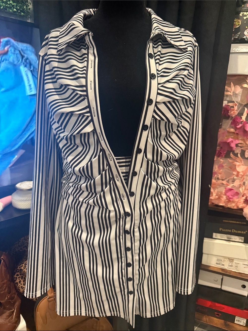 Black & White Striped Long-Sleeve Shirt Dress & Skirt Set